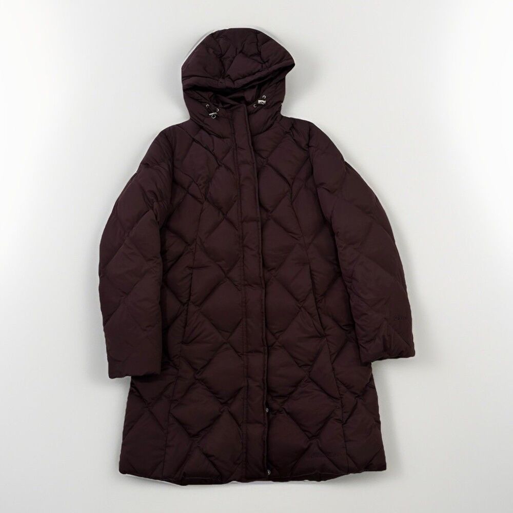 Eddie Bauer Goose Down Jacket Womens Small Petite Puffer Hood Purple EB650 Long